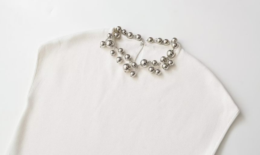 Asymmetrical Beaded Crop Knit Top - Sleeveless