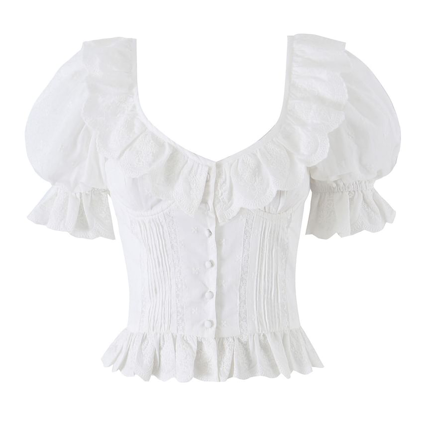 Frill Trim Scoop Neck Crop Top - Short Sleeve
