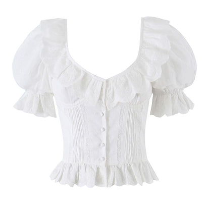 Frill Trim Scoop Neck Crop Top - Short Sleeve