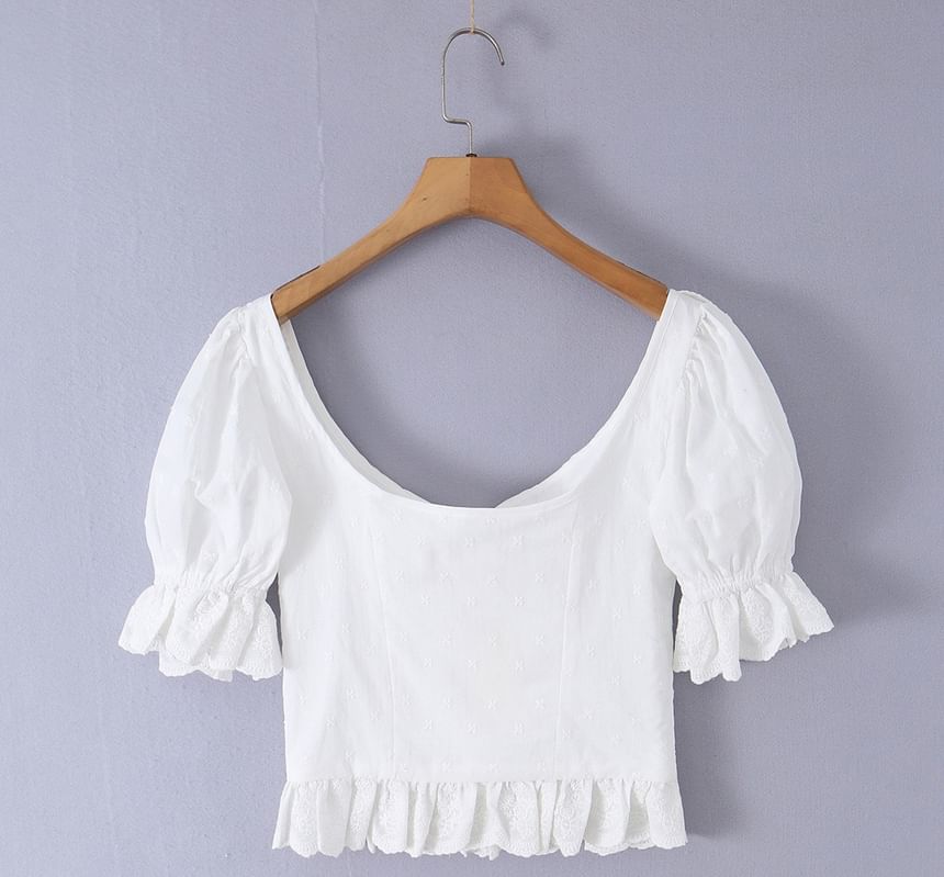 Frill Trim Scoop Neck Crop Top - Short Sleeve
