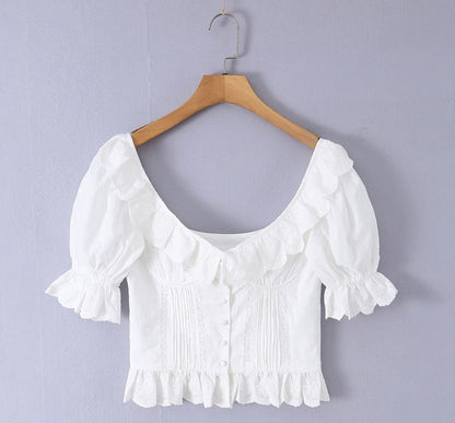 Frill Trim Scoop Neck Crop Top - Short Sleeve
