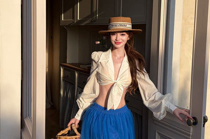 Tie Front Crop Blouse and Frill Skirt Set