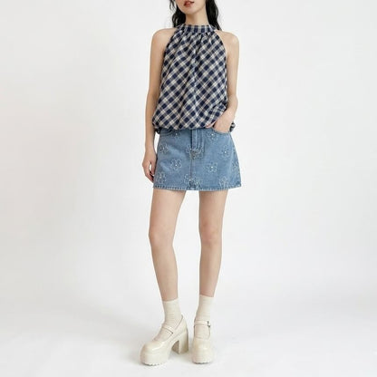 Plaid Halter Neck Bubble Hem Top