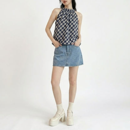 Plaid Halter Neck Bubble Hem Top