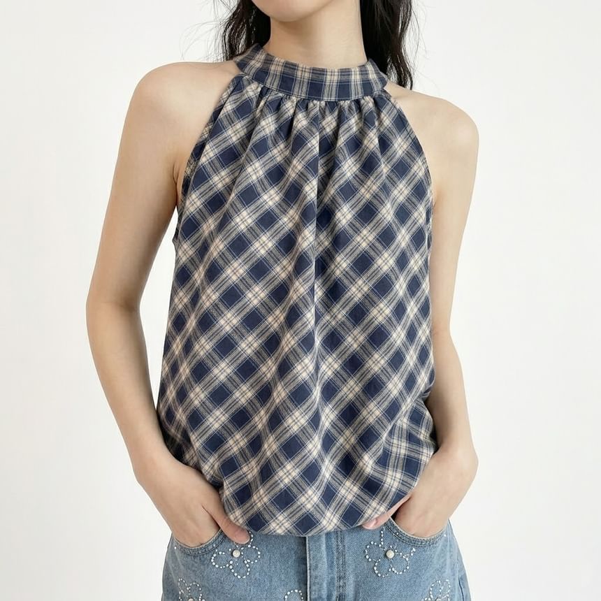 Plaid Halter Neck Bubble Hem Top