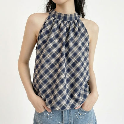Plaid Halter Neck Bubble Hem Top