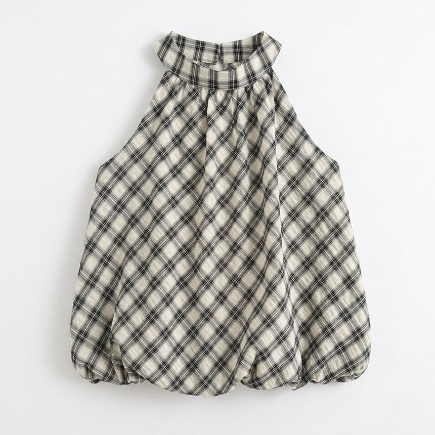 Plaid Halter Neck Bubble Hem Top