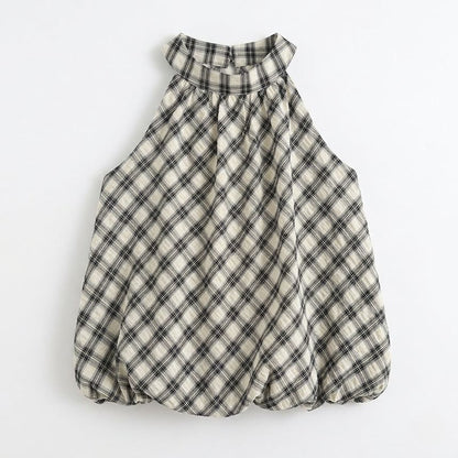 Plaid Halter Neck Bubble Hem Top