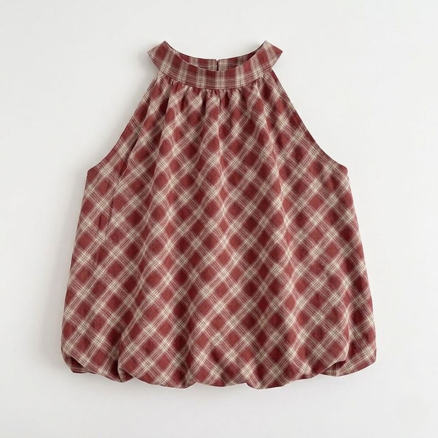 Plaid Halter Neck Bubble Hem Top
