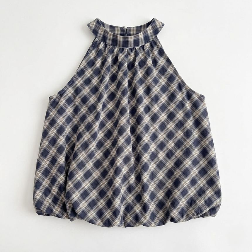 Plaid Halter Neck Bubble Hem Top