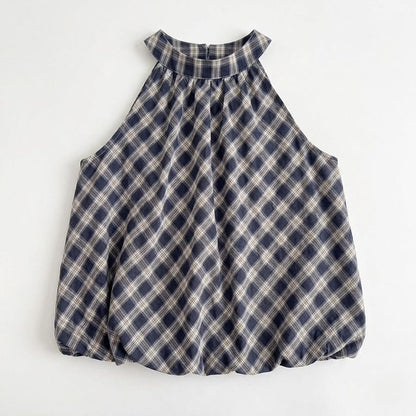 Plaid Halter Neck Bubble Hem Top
