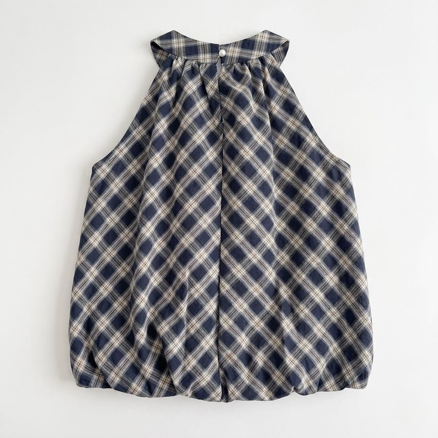 Plaid Halter Neck Bubble Hem Top