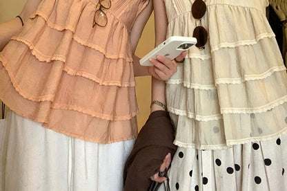 Lace Trim Tiered Blouse - Cap Sleeve V-Neck