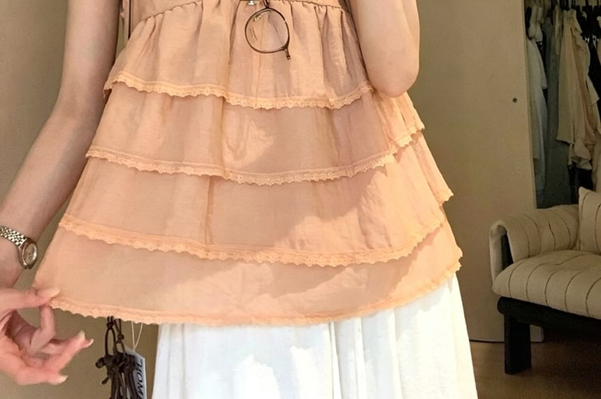 Lace Trim Tiered Blouse - Cap Sleeve V-Neck