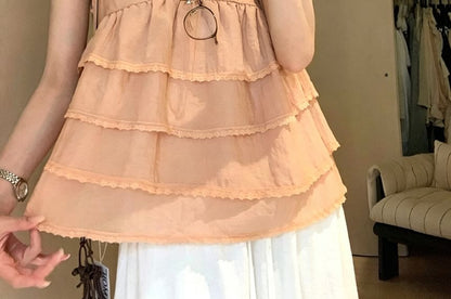 Lace Trim Tiered Blouse - Cap Sleeve V-Neck