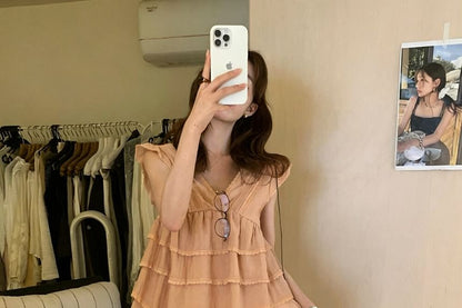 Lace Trim Tiered Blouse - Cap Sleeve V-Neck