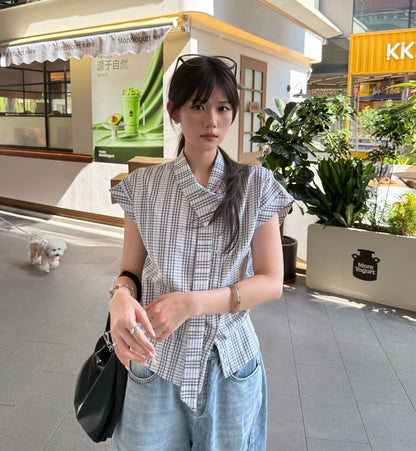 Asymmetric Plaid Button-Up Blouse - Collared