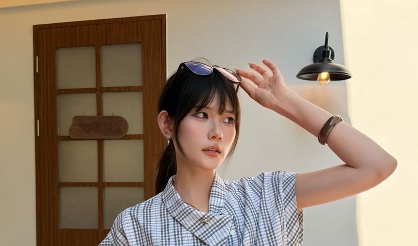 Asymmetric Plaid Button-Up Blouse - Collared