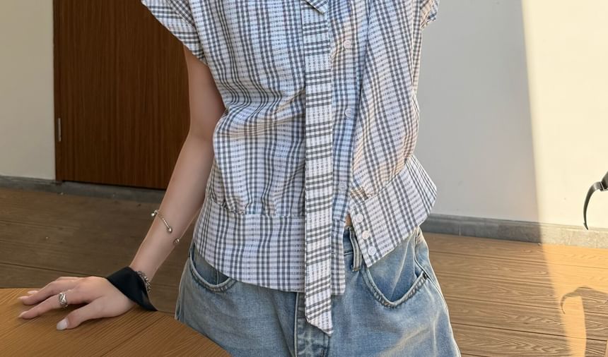 Asymmetric Plaid Button-Up Blouse - Collared