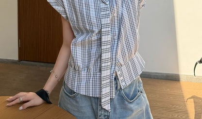 Asymmetric Plaid Button-Up Blouse - Collared