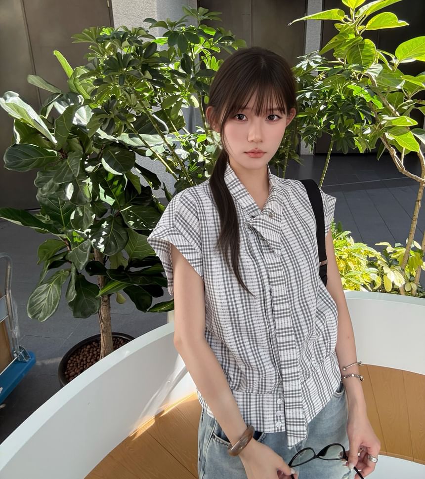 Asymmetric Plaid Button-Up Blouse - Collared