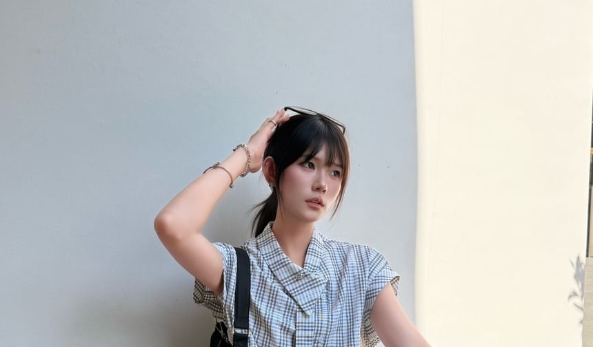 Asymmetric Plaid Button-Up Blouse - Collared