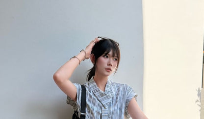 Asymmetric Plaid Button-Up Blouse - Collared