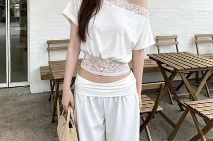 Off-Shoulder Lace Panel Crop Tee - Short Sleeve