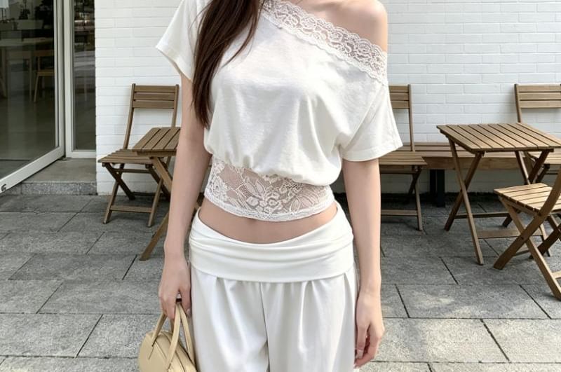 Off-Shoulder Lace Panel Crop Tee - Short Sleeve