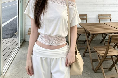 Off-Shoulder Lace Panel Crop Tee - Short Sleeve