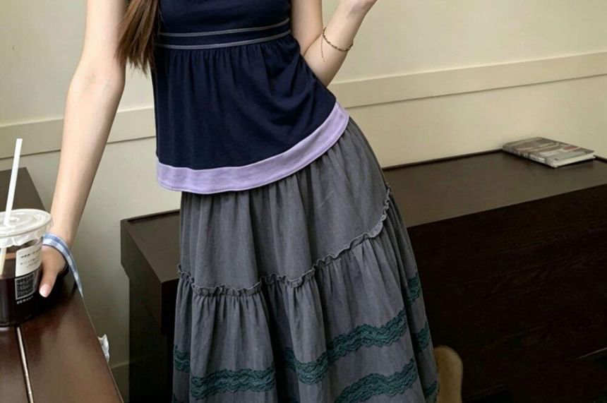 Halter Neck Two-Tone Tee & Lace Panel Skirt Set