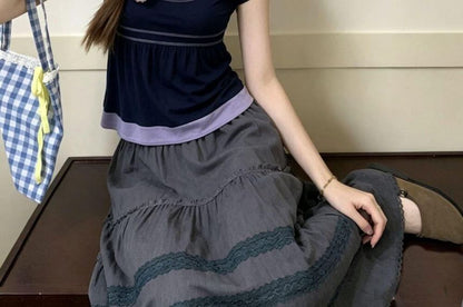 Halter Neck Two-Tone Tee & Lace Panel Skirt Set