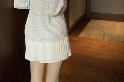 Striped Sheer Tee & Shawl Set - Crew Neck