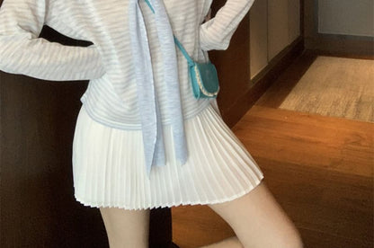 Striped Sheer Tee & Shawl Set - Crew Neck