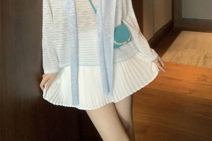 Striped Sheer Tee & Shawl Set - Crew Neck