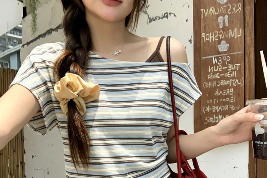 Cold Shoulder Striped Crop Tee - Mock Two Piece