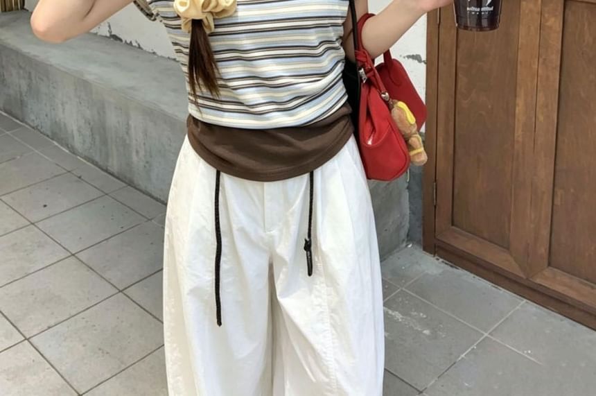 Cold Shoulder Striped Crop Tee - Mock Two Piece