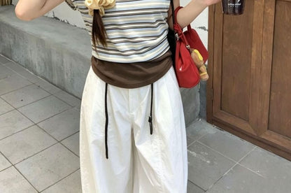 Cold Shoulder Striped Crop Tee - Mock Two Piece