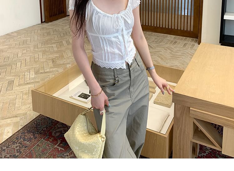 Lace Trim Button-Up Crop Blouse - Puff Sleeve
