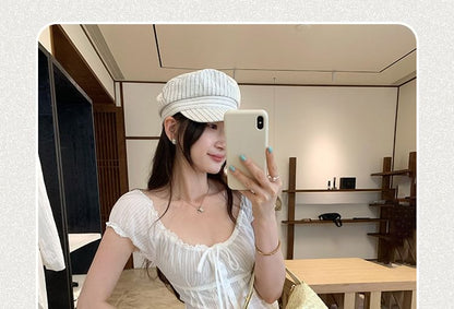 Lace Trim Button-Up Crop Blouse - Puff Sleeve