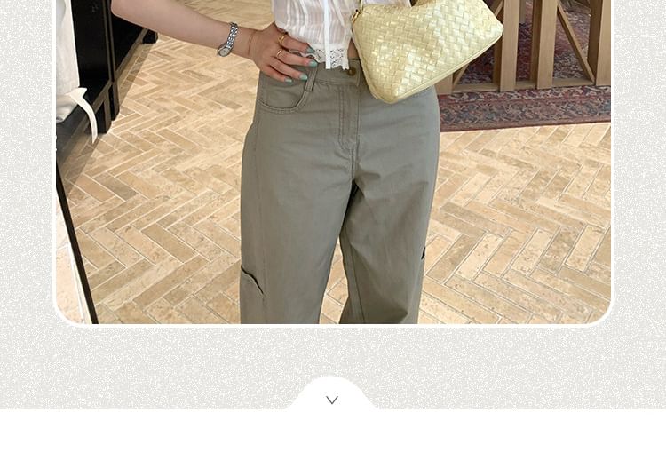 Lace Trim Button-Up Crop Blouse - Puff Sleeve