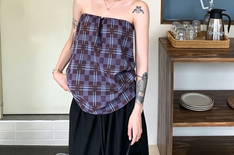 Drawstring Plaid Tube Top