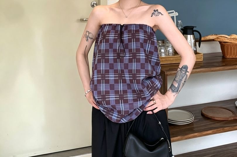 Drawstring Plaid Tube Top