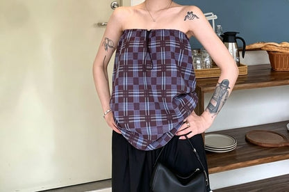 Drawstring Plaid Tube Top