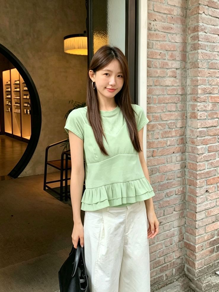 Ruffle Hem Camisole & Crew Neck Tee Set