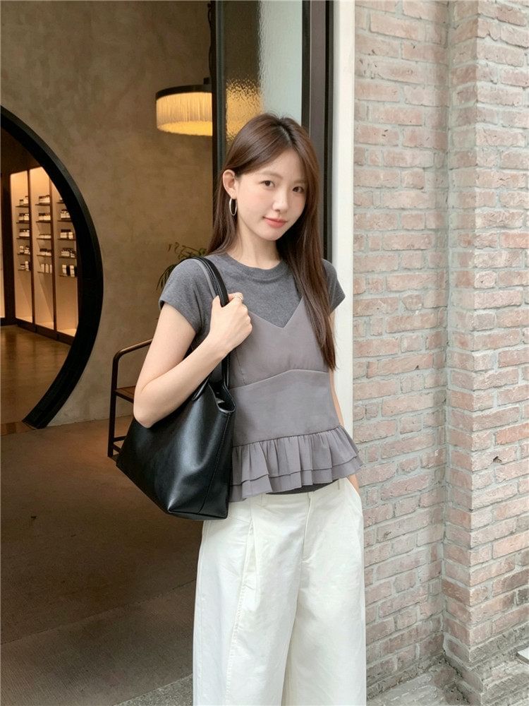 Ruffle Hem Camisole & Crew Neck Tee Set