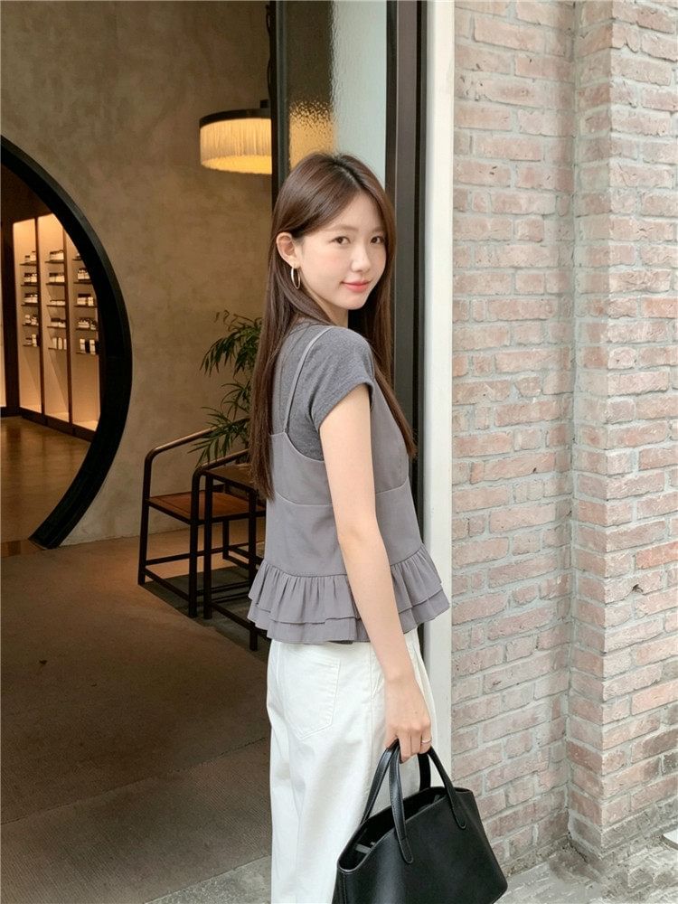 Ruffle Hem Camisole & Crew Neck Tee Set