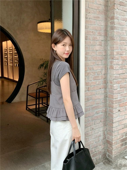 Ruffle Hem Camisole & Crew Neck Tee Set