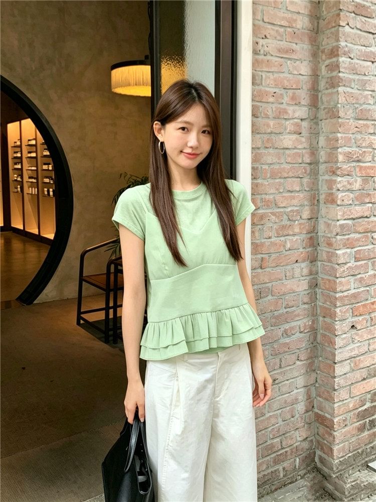 Ruffle Hem Camisole & Crew Neck Tee Set