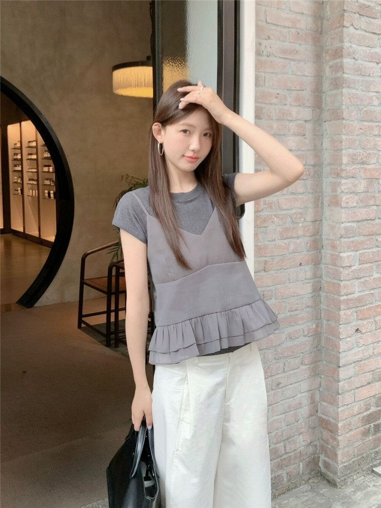 Ruffle Hem Camisole & Crew Neck Tee Set